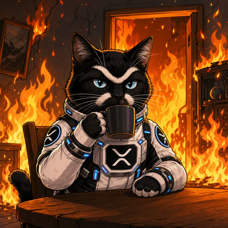 XCAT in an XRP spacesuit sipping coffee in a burning room